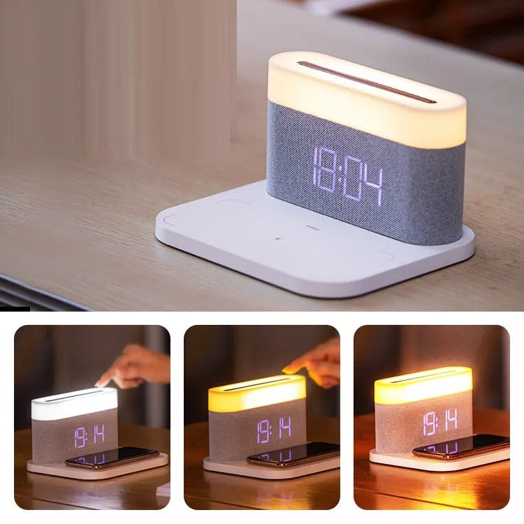 White wireless charging table lamp with digital clock display and bedside lighting functions