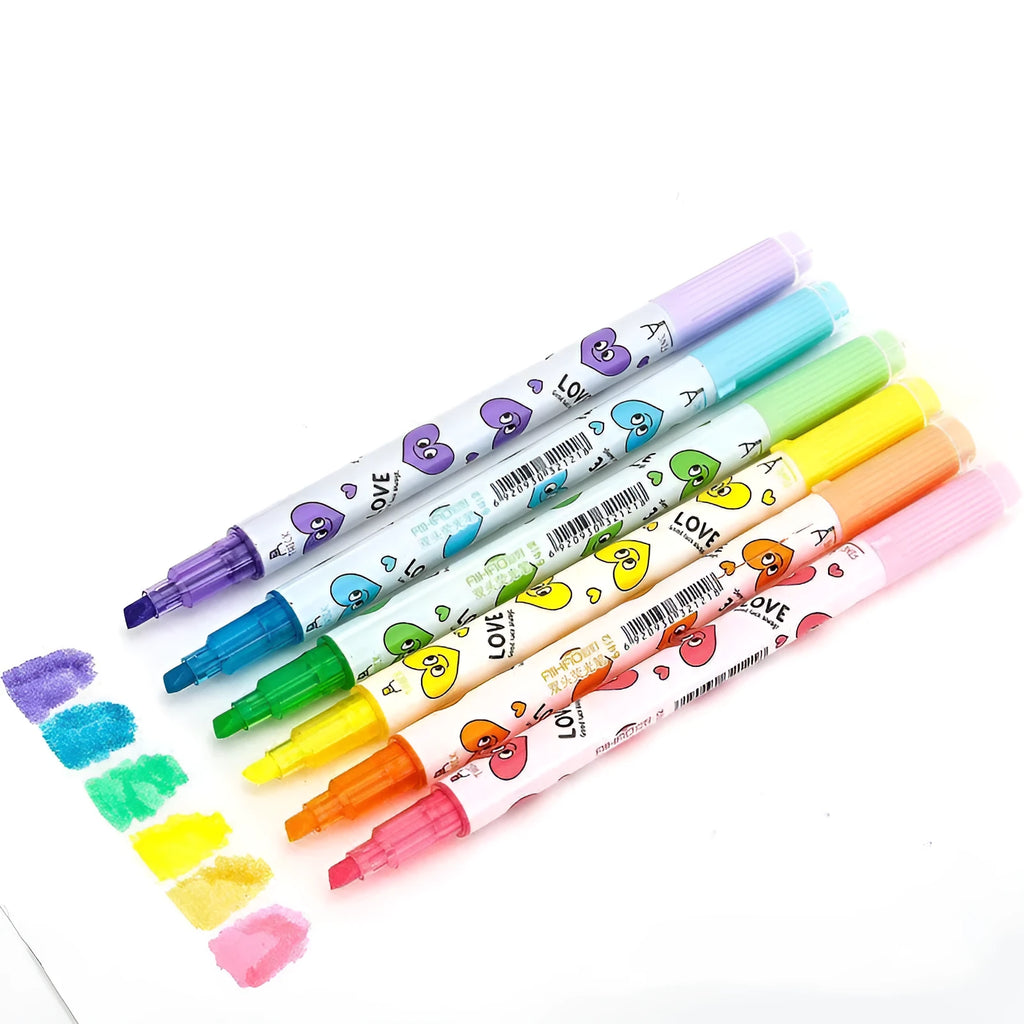 Set of six double-headed highlighter pens in pink, orange, yellow, green, blue, and purple colours.