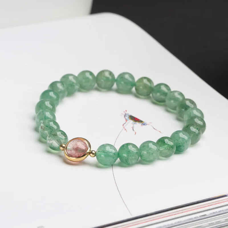 Green strawberry quartz bracelet with 7.5mm beads in hand-woven single circle ball design