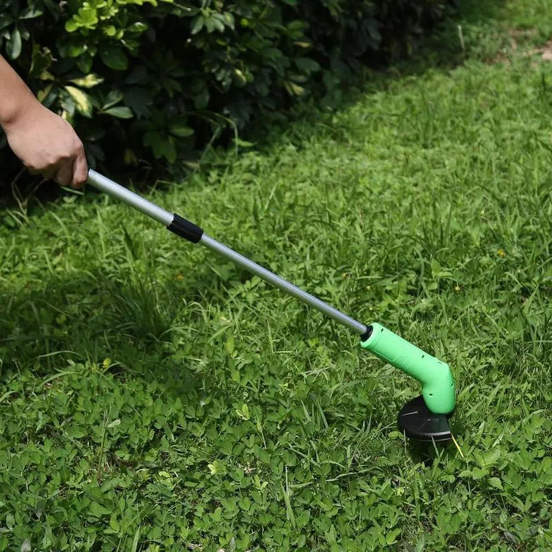 Cordless lawn trimmer with extension pole and protective debris shield for garden trimming tasks
