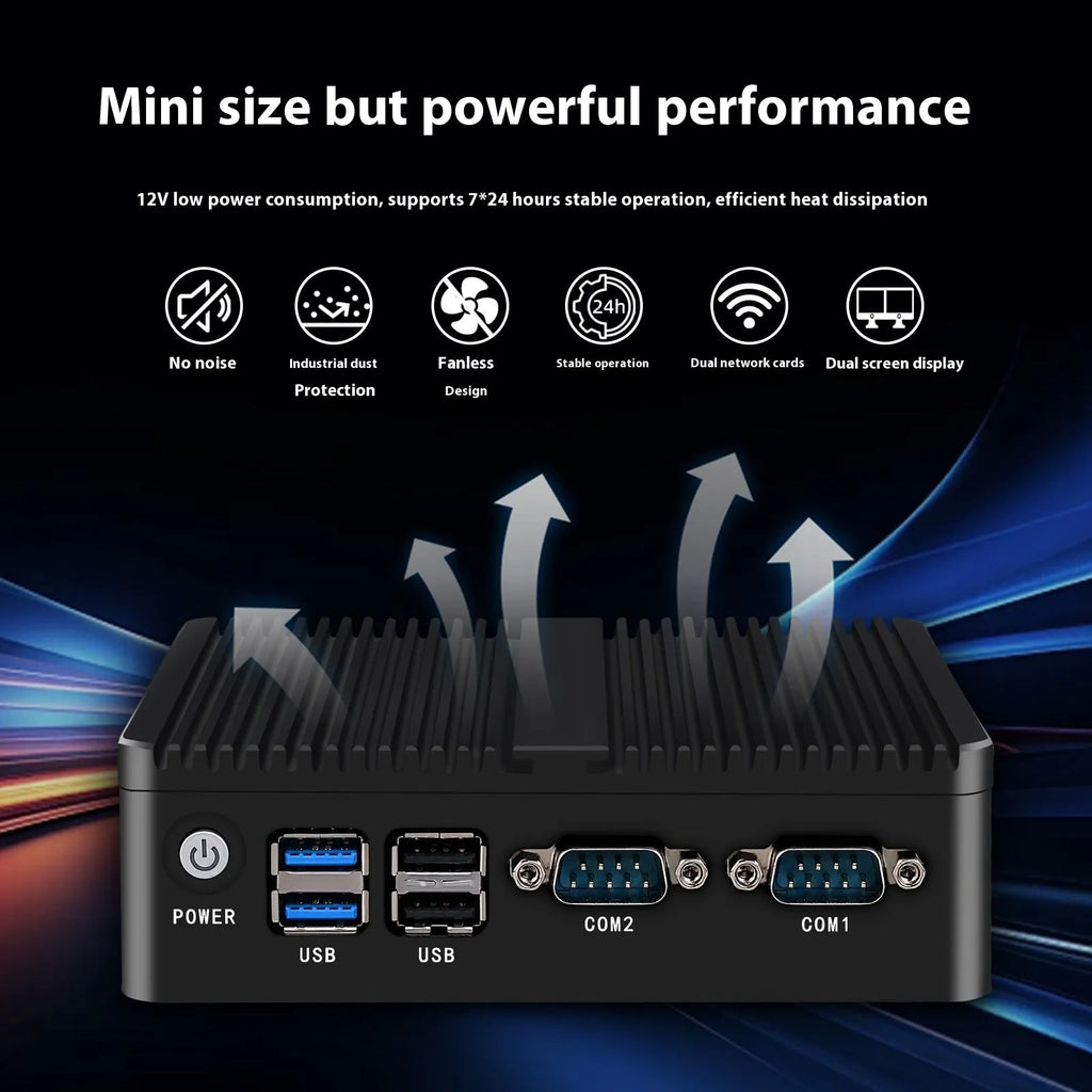 Industrial fanless mini-host measuring 13.6x12.7x4cm with dual-network ports and compact metal chassis