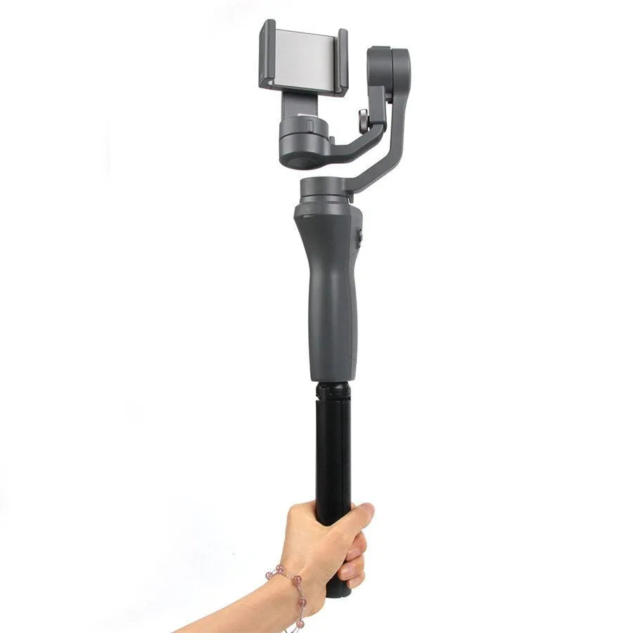 Black aluminium mobile phone tripod extended to 150cm height with 360-degree rotation capability