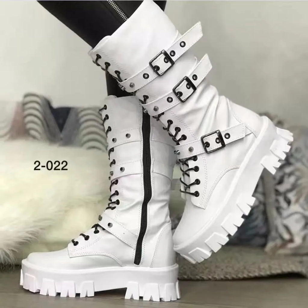 Women's black mid-calf knight boots with metal buckle and side zipper, round toe design on viscose sole