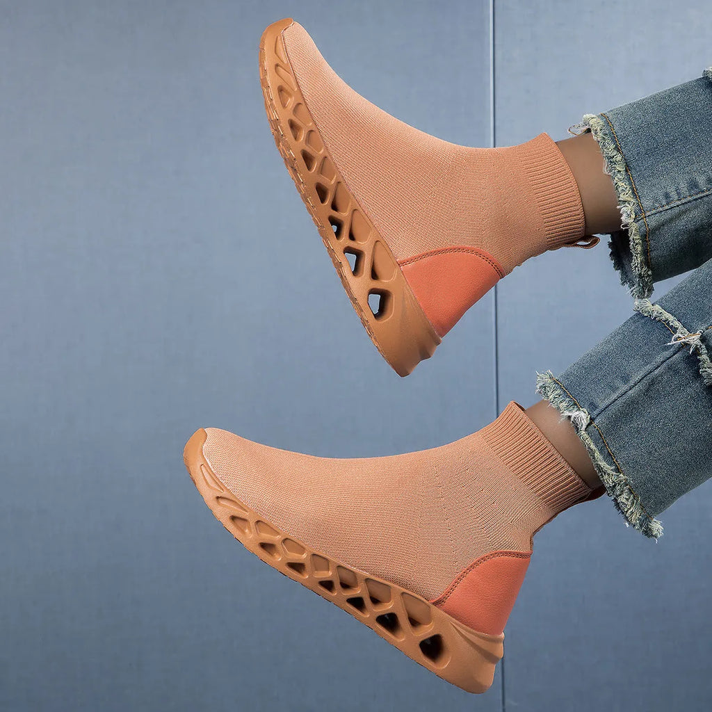 Women's casual sock boot shoes with mesh upper and flat sole in Terracotta Warriors colour