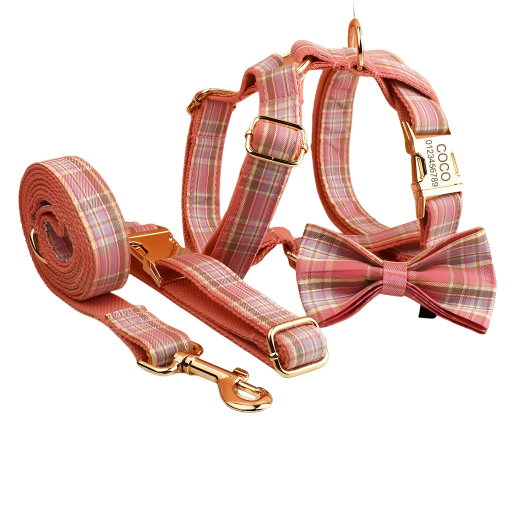 Plaid fabric dog collar and leash set with decorative bow accessory