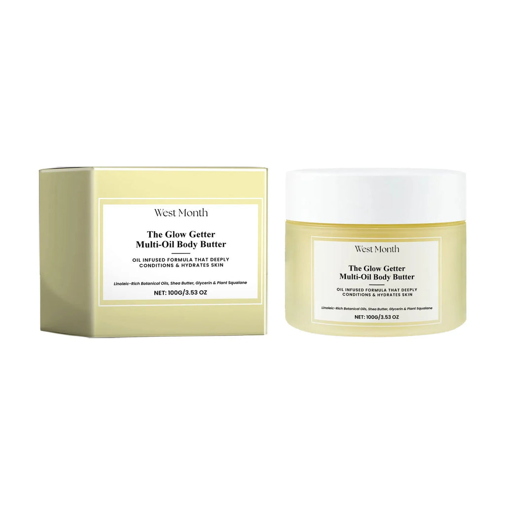 Body care skincare set with bottle of oil and jar of moisturising cream.