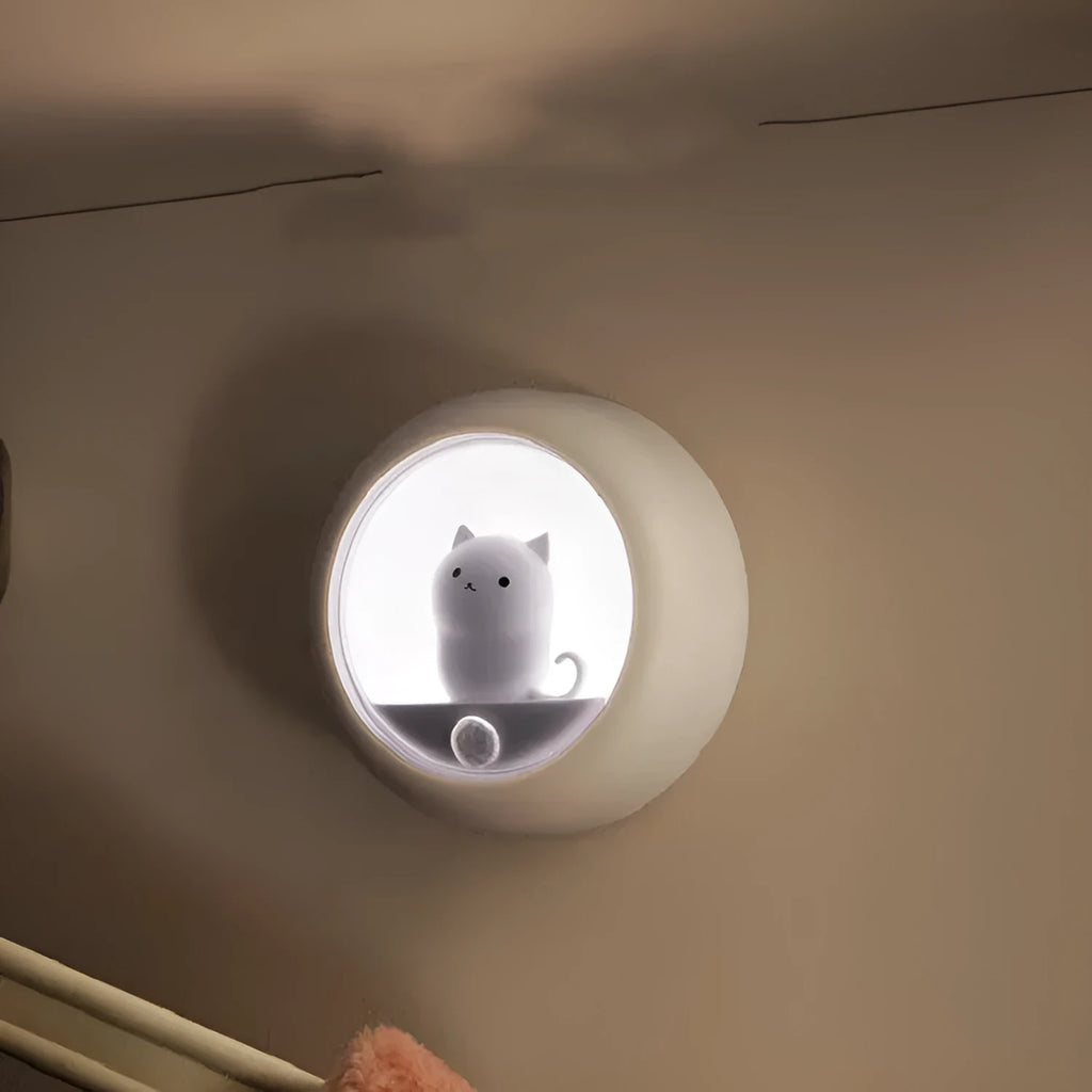 Cute cat LED night light, 79 x 79 x 33 mm, USB rechargeable, dual sensor, magnetic, lanyard, bracket, Pink White Yellow