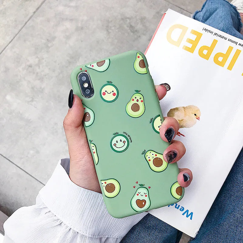 Avocado-themed TPU phone case with cartoon design for Apple and Android phones, showing precise port cutouts.