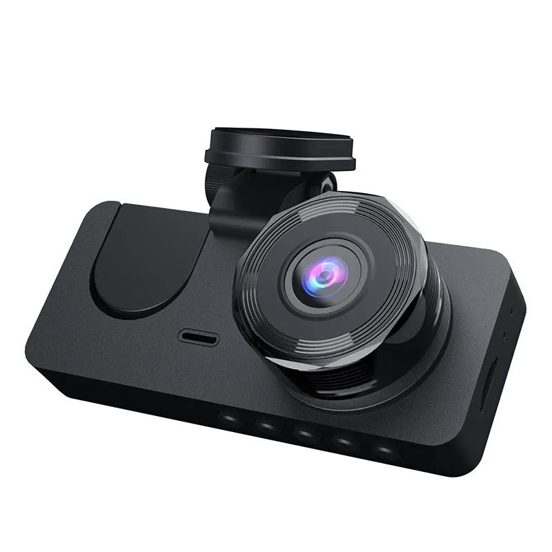Black 1080P HD car dash cam with wide-angle lens for front and rear recording