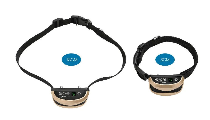 Digital anti-barking collar with adjustable strap for dogs, showing display and reflective safety design