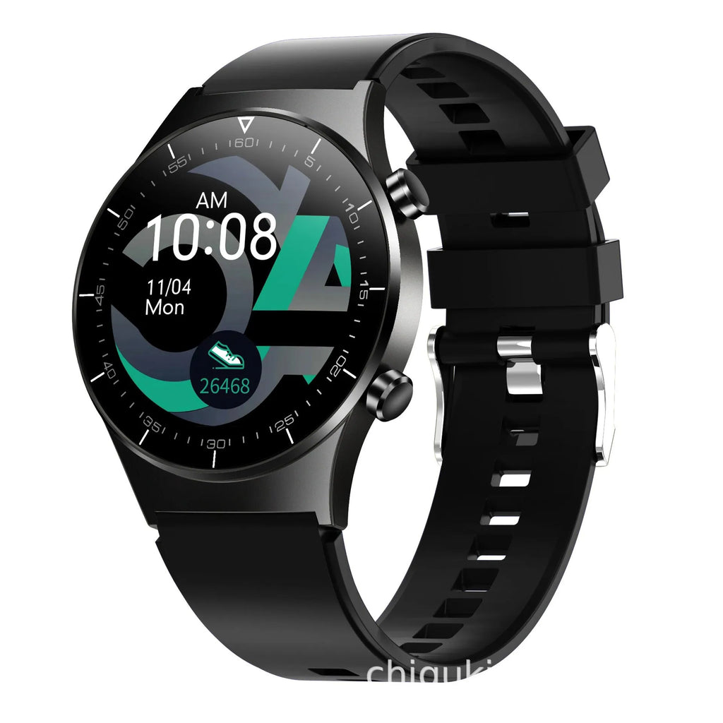 Black smart watch with sports-style astronaut bracelet and 1.3-inch touch screen displaying health metrics