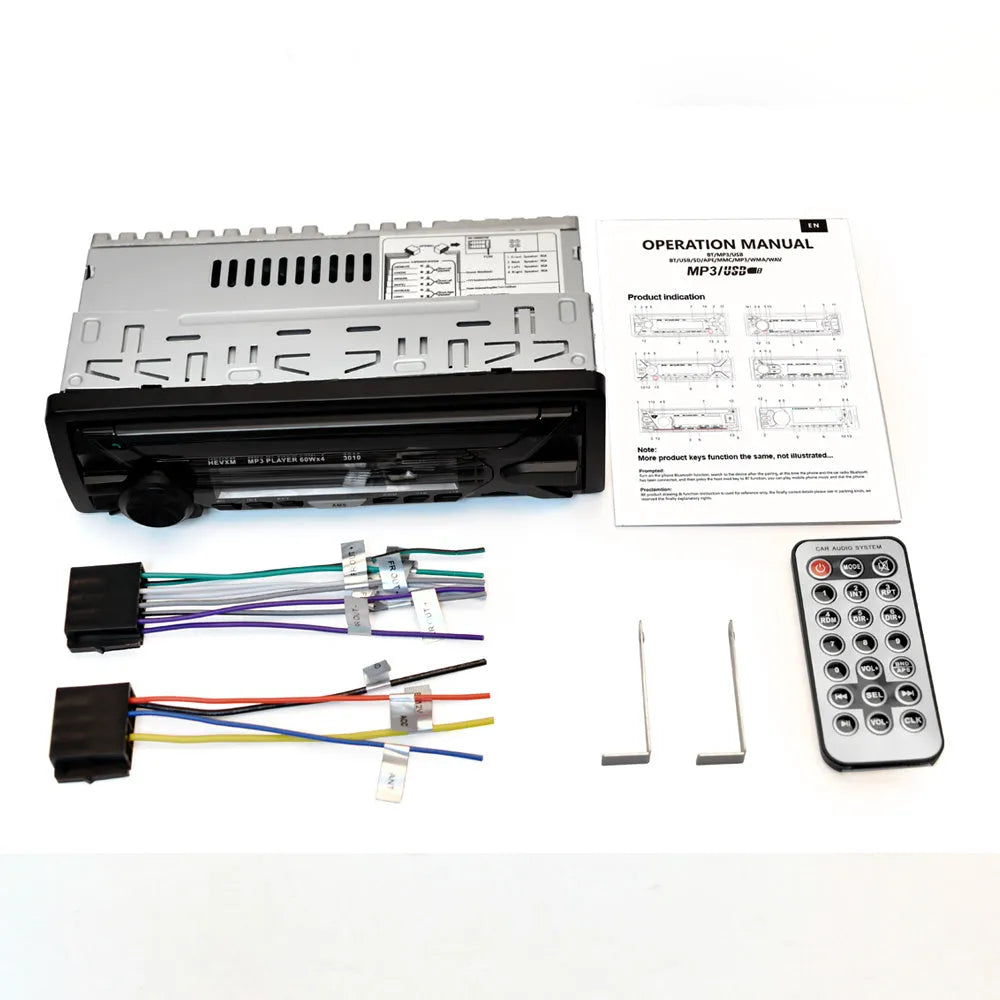 Car radio MP3 player with Bluetooth, FM radio, USB/TF slots, LCD display, and front panel controls
