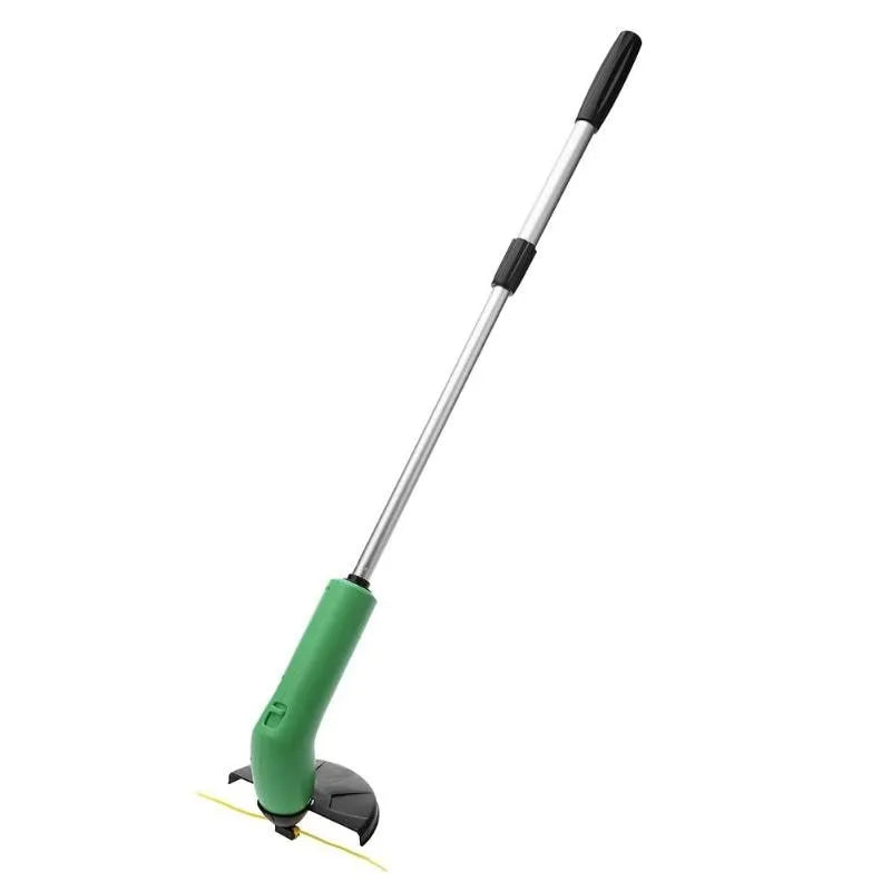Cordless lawn trimmer with extension pole and protective debris shield for garden trimming tasks