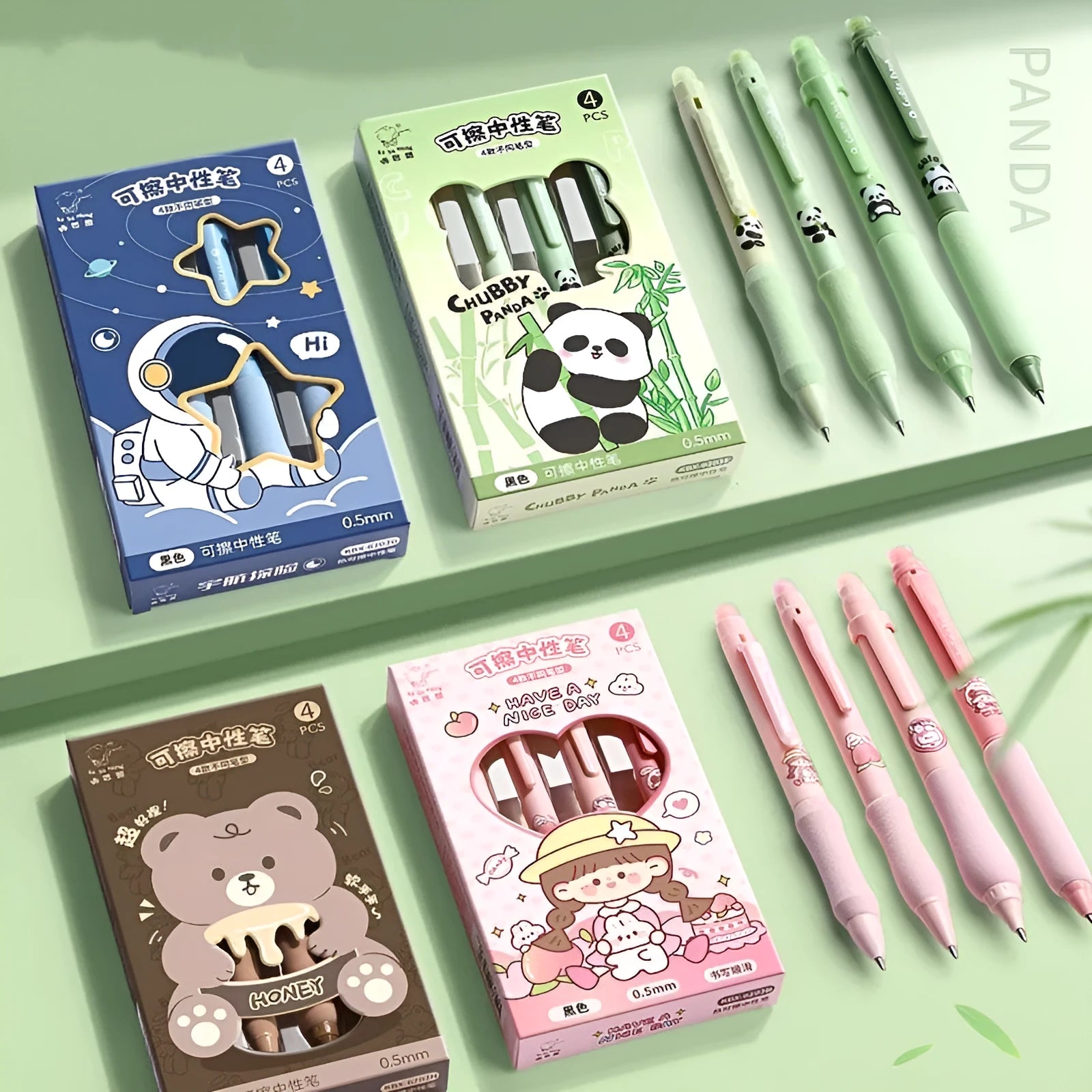 Cartoon-themed erasable gel pen with press mechanism and 0.5mm tip.