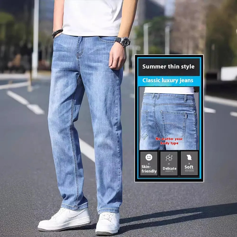 Men's tapered business casual trousers in thin stretch denim cotton fabric