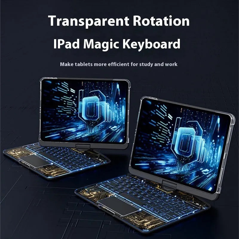 Transparent rotating keyboard case shown with an iPad in a standing position.