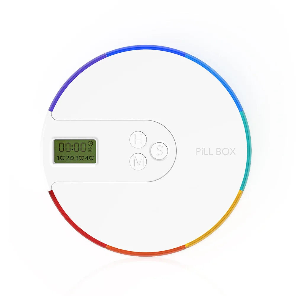 7-compartment alarm clock pill dispenser with programmable reminders, measuring 11cm by 11cm by 2.0cm