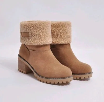 Mid-tube thick heel suede snow boots in black with round toe and low heel, showing wear-resistant soles