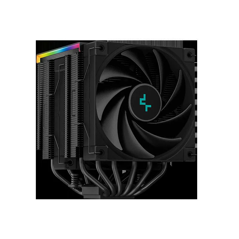 Black twin tower CPU air cooler with digital temperature display and dual fans installed on a motherboard.