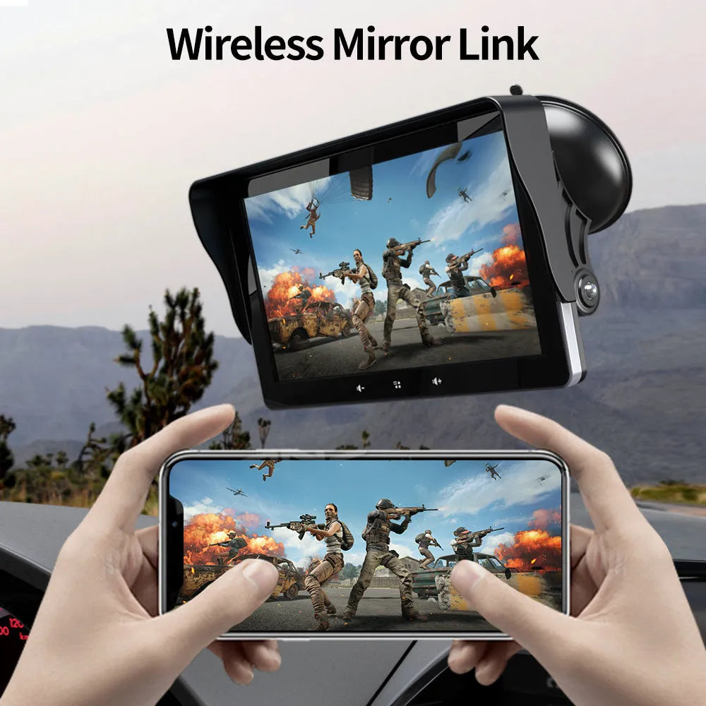 7-inch wireless CarPlay display with suction cup mount and cigarette lighter power cable