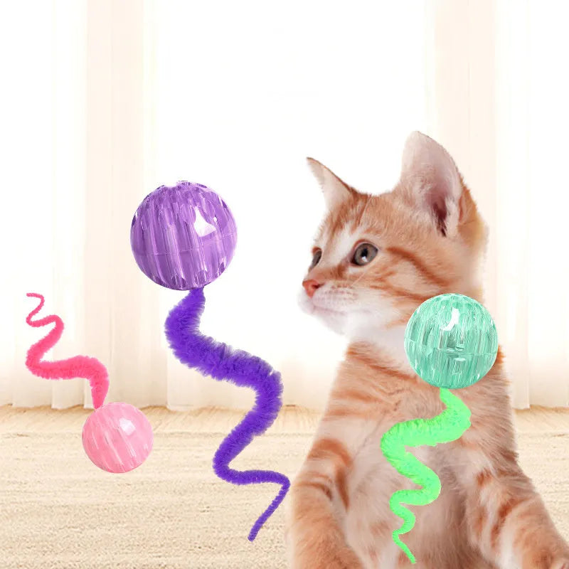 Bouncy TPR ball cat toy with soft plush tail attachment in green colour