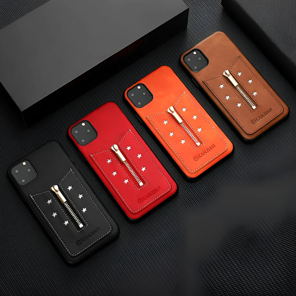 PU leather zipper phone case in black brown orange red for iPhone Samsung phones