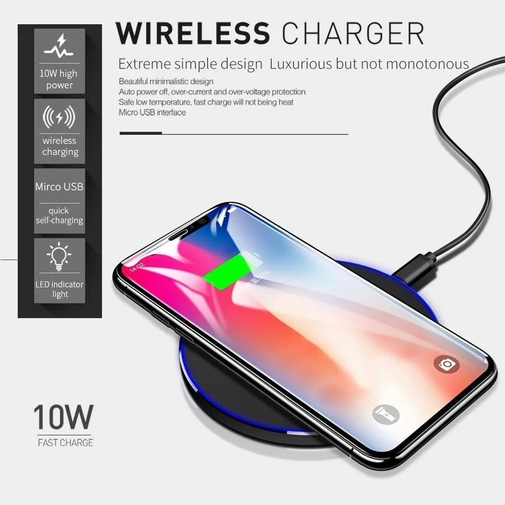 Ultra-thin black wireless charging pad measuring 98mm square with 6.5mm thickness on desk surface