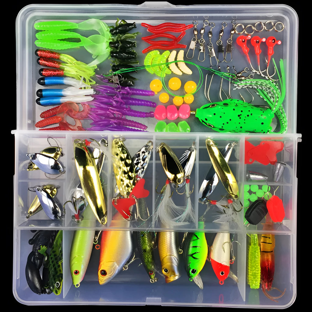 Junior fishing lure suit set with multiple baits inside a clear plastic PP storage box.