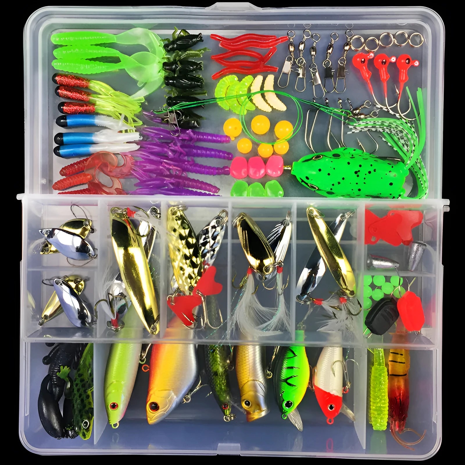 Junior fishing lure suit set with multiple baits inside a clear plastic PP storage box.