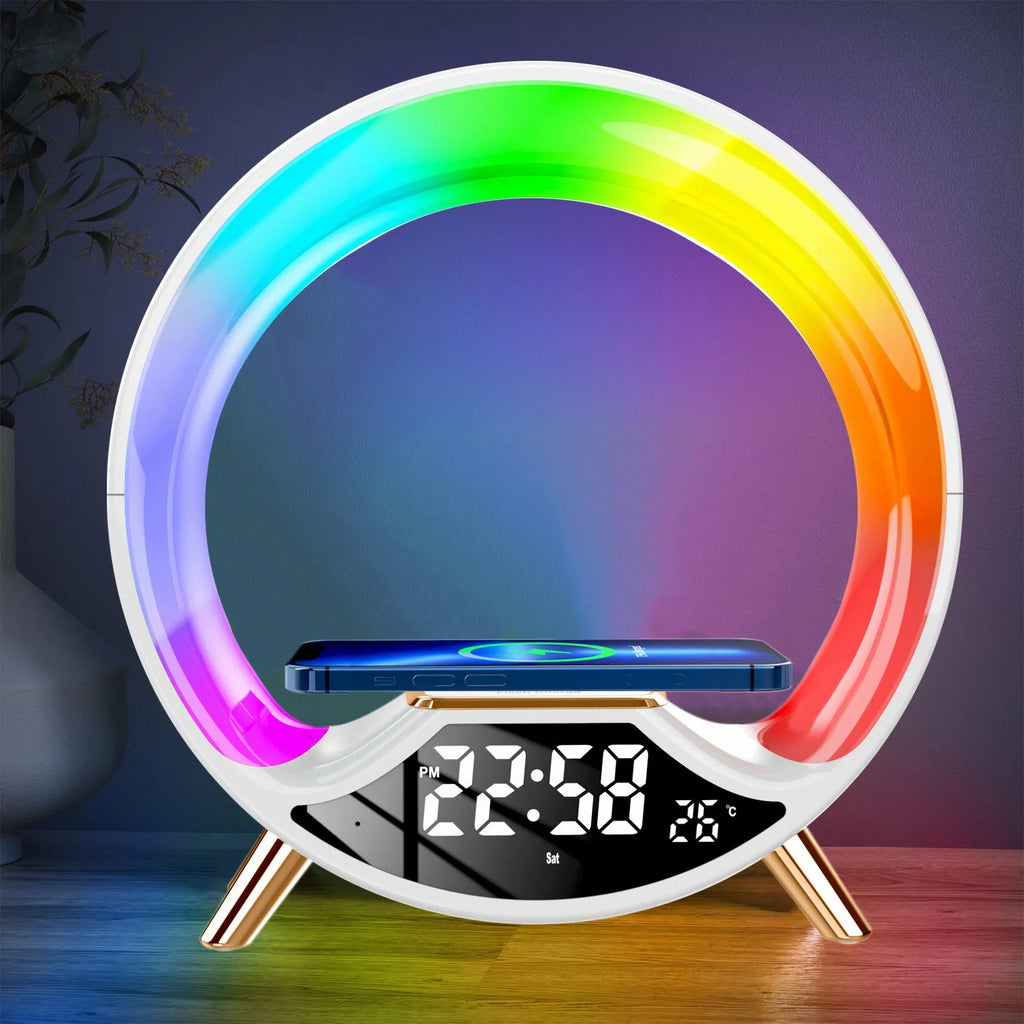 Black multifunctional bedside lamp with wireless charging pad, speaker grille, LED clock screen, and adjustable light.