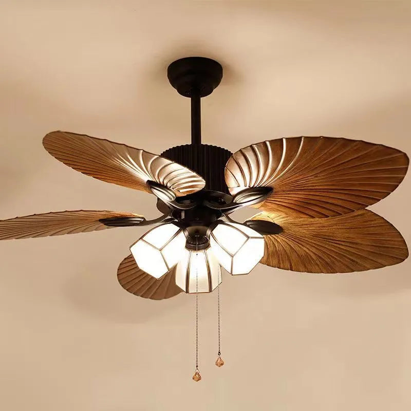 Retro-style ceiling fan light with wooden blades and three copper lampshades, mounted on a white ceiling.