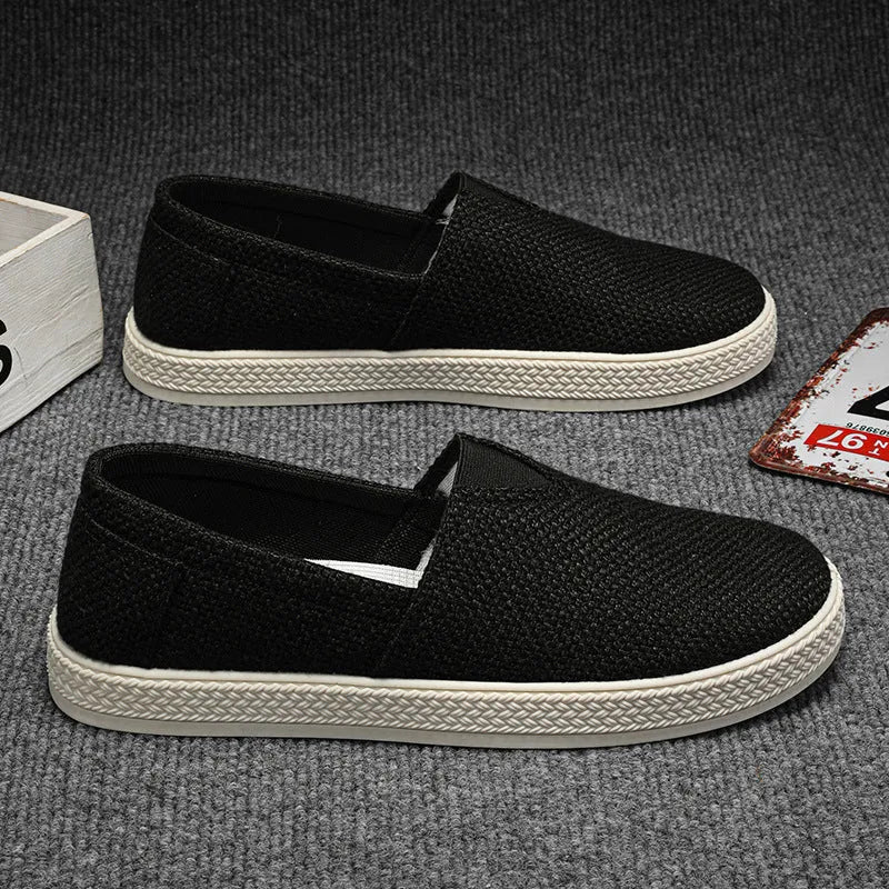 Men's casual canvas cloth shoes with round toe and PVC sole in beige, black and gray colour options