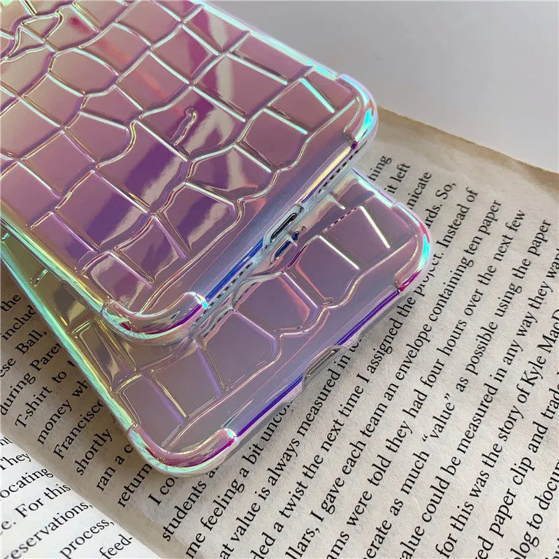 Silver glossy laser-effect silicone back cover case for iPhone with lanyard hole.