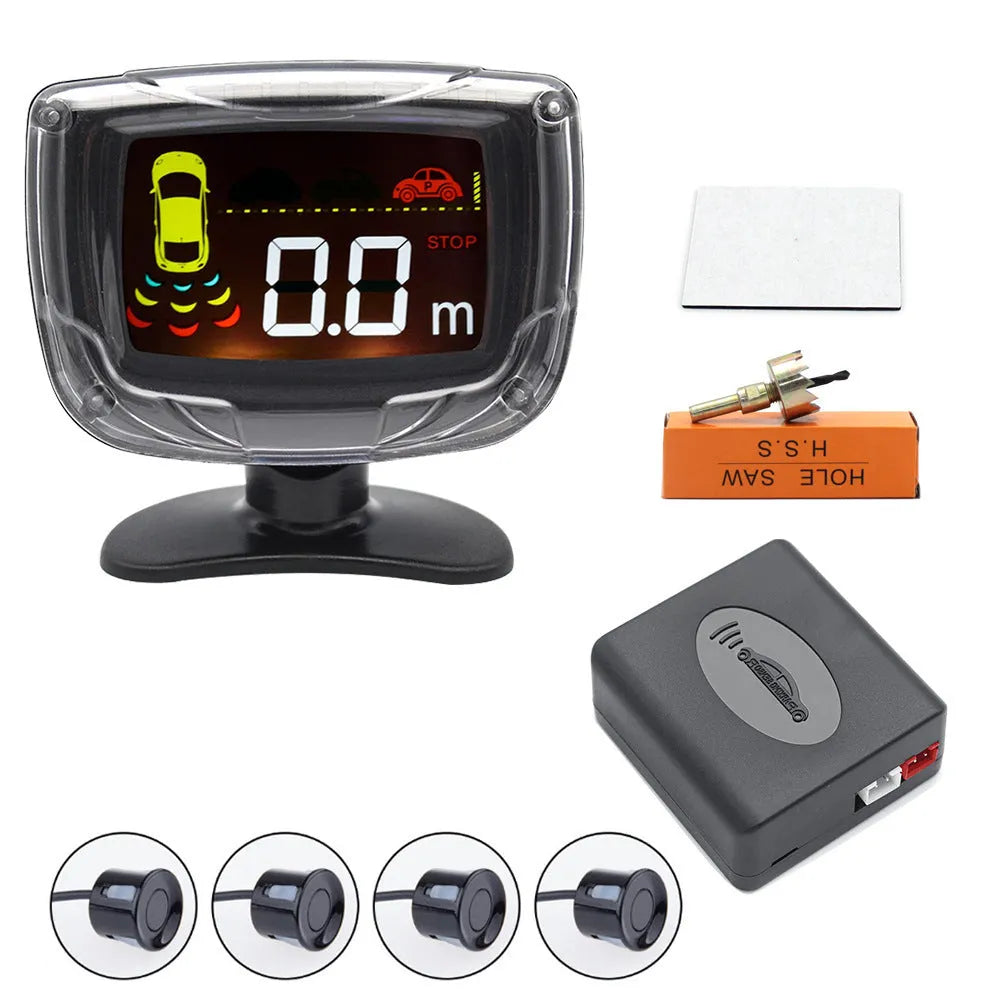 Wireless vehicle reversing sensor system with display unit and four embedded probes for obstacle detection
