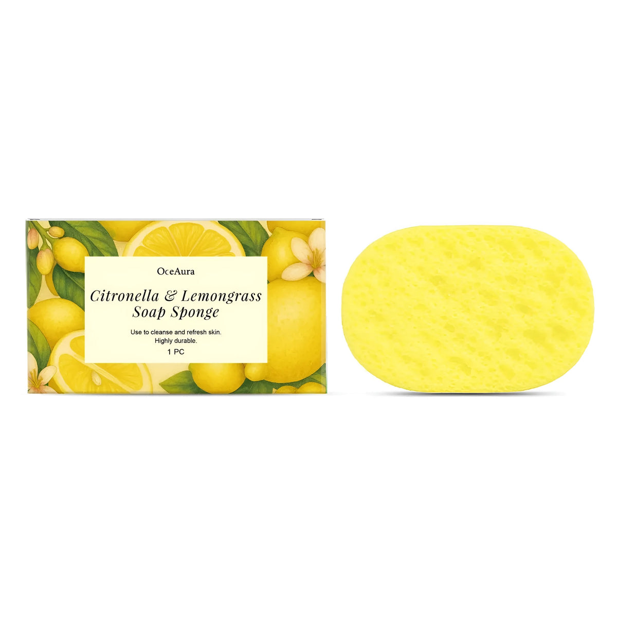Green citronella lemongrass bath sponge with textured surface made from PU and polyester fibre