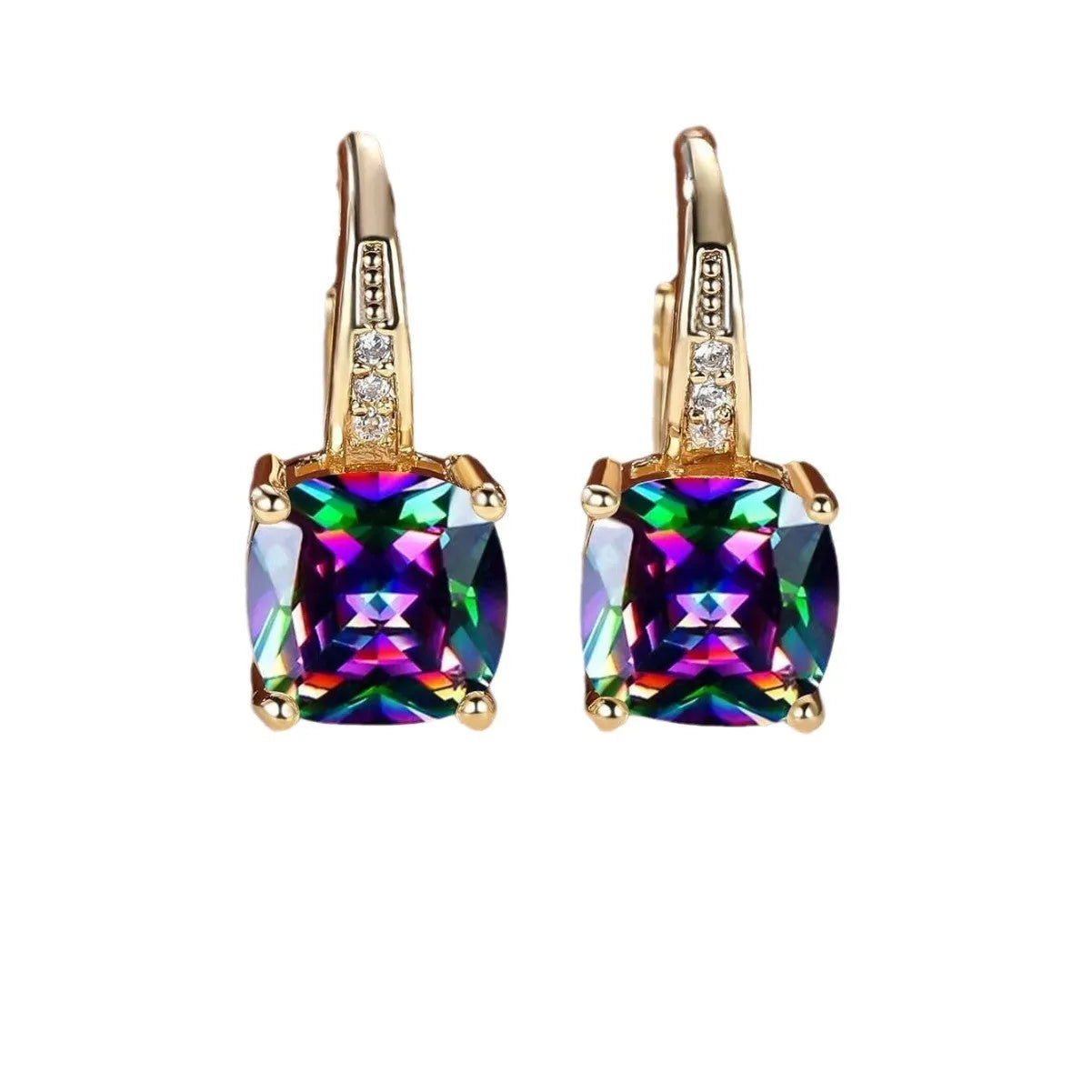 Geometric quadrilateral ear clips with moissanite inlays and electroplated copper construction in gold finish