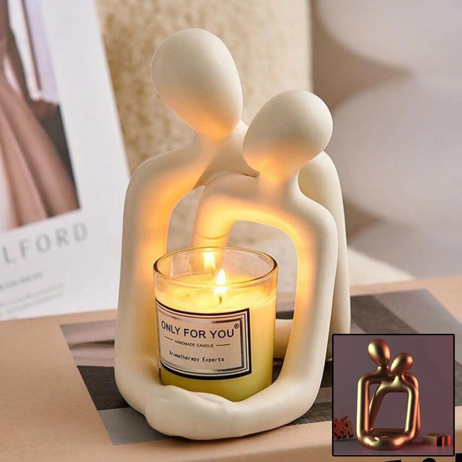 15cm tall modern resin couple statue in milky white or gold finish on wooden surface