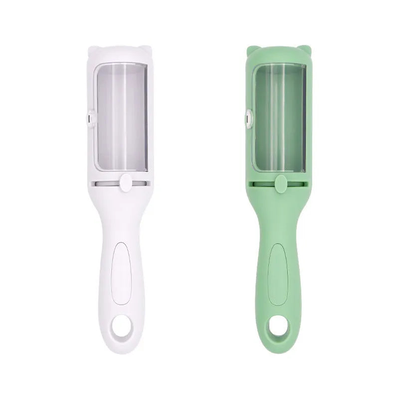 Two-in-one dog comb and hair removal roller in ABS plastic, shown in white or green colour options.