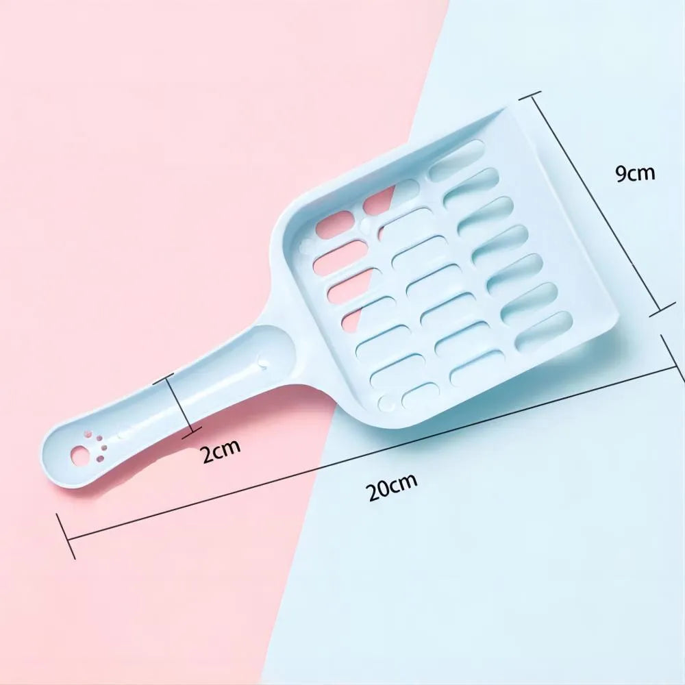 Blue plastic cat litter scoop showing 20cm length and 9cm width dimensions for cleaning litter trays