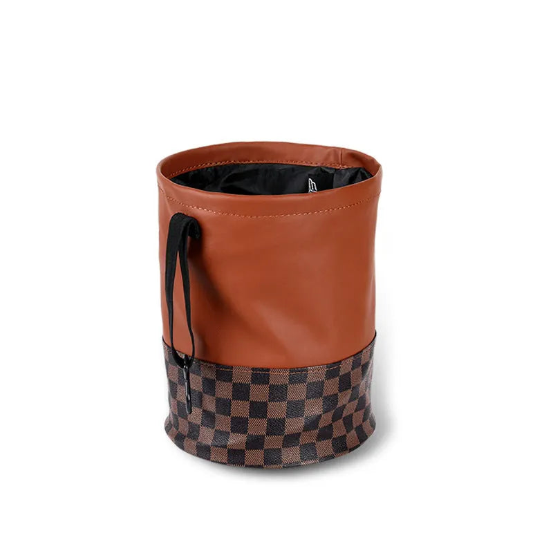 Leather retractable car trash can showing folded and expanded states with handle