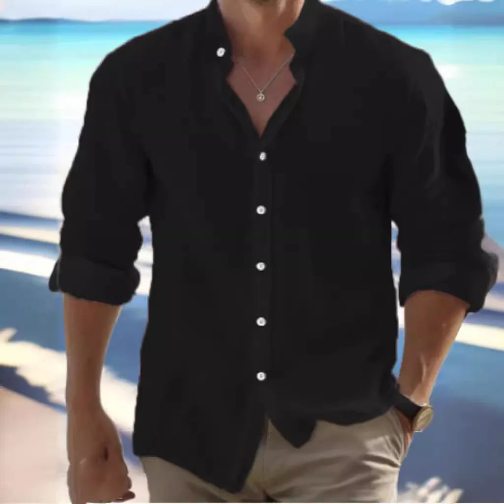 Men's long-staple cotton pullover shirt in light grey with collage stitching, sizes S-5XL