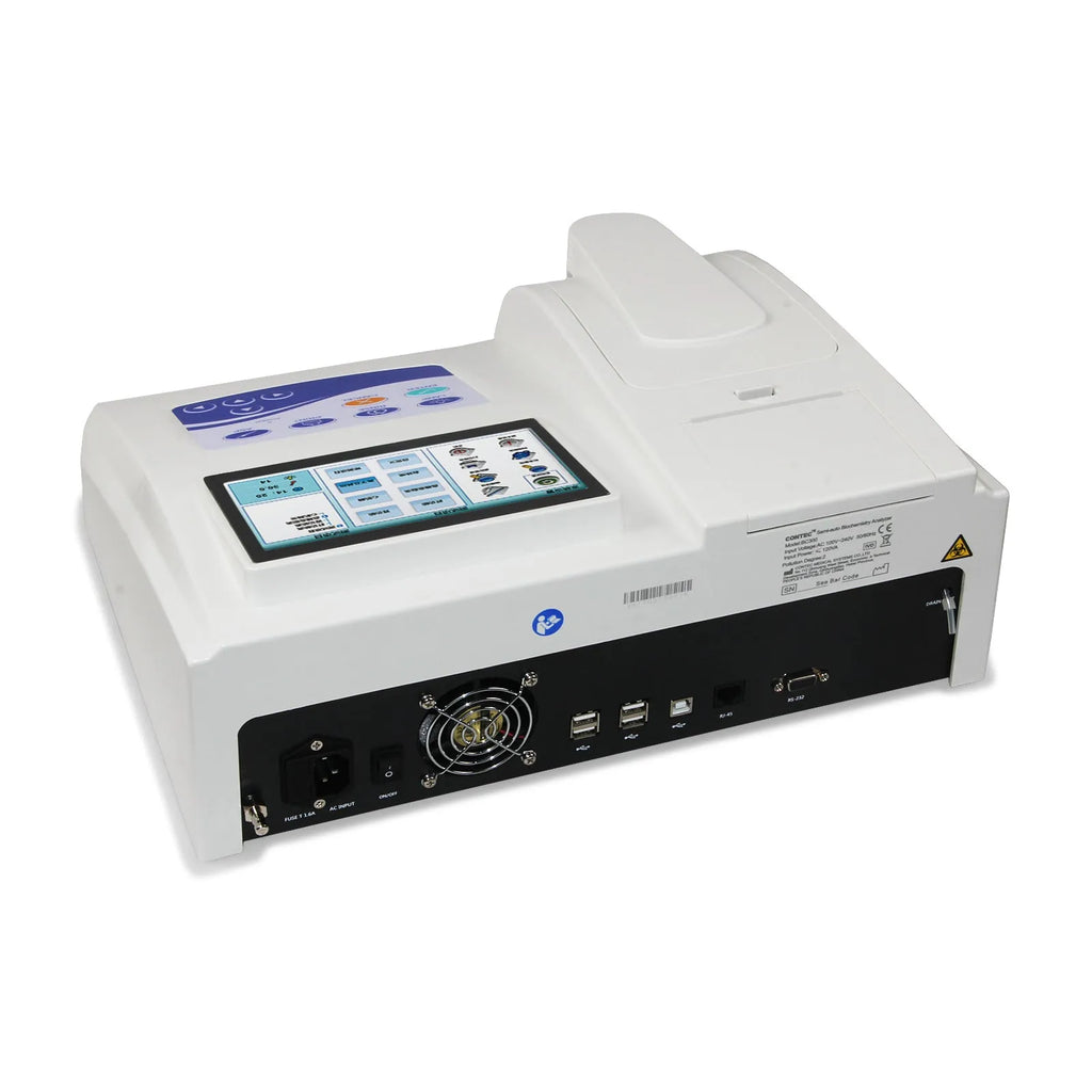 CONTEK BC300 semi-automatic biochemistry analyser unit on laboratory bench with touchscreen display.