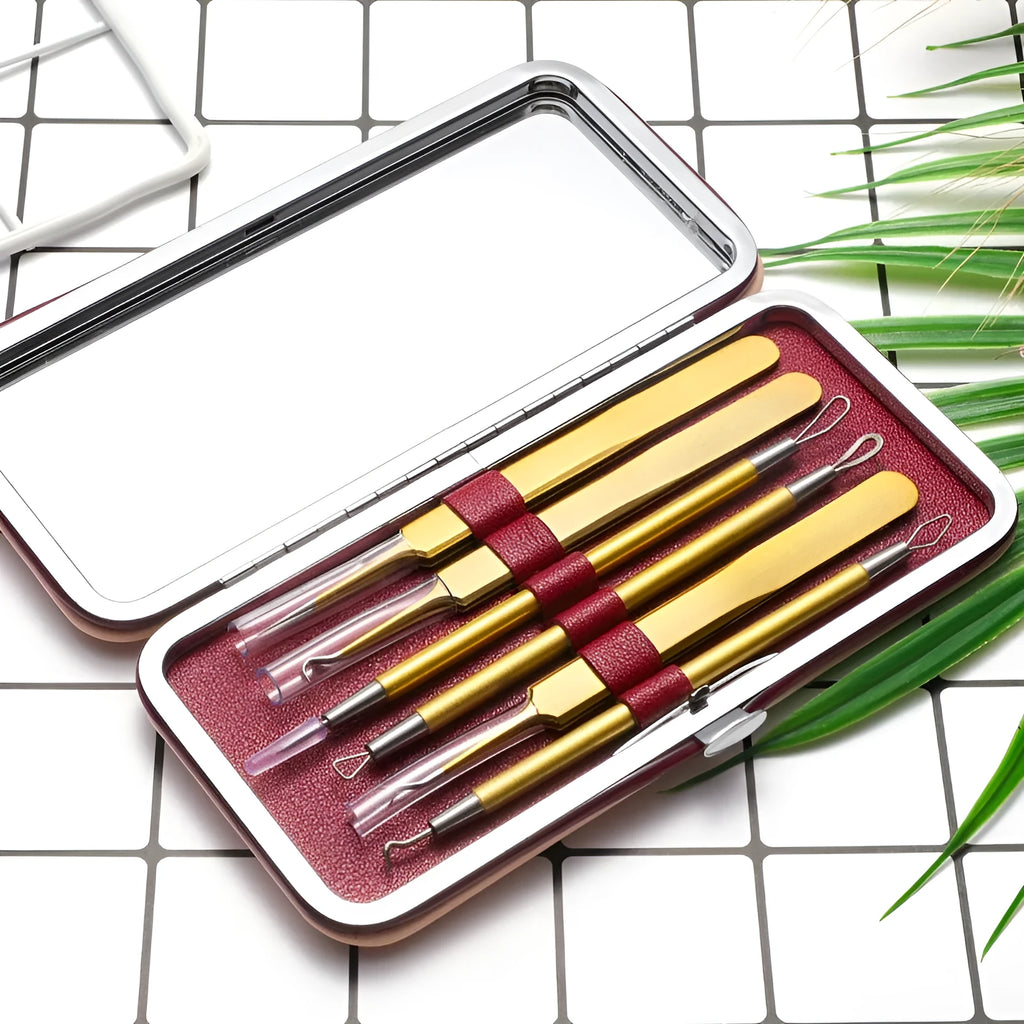 Six stainless steel acne remover tools with rose gold finish for pimple extraction