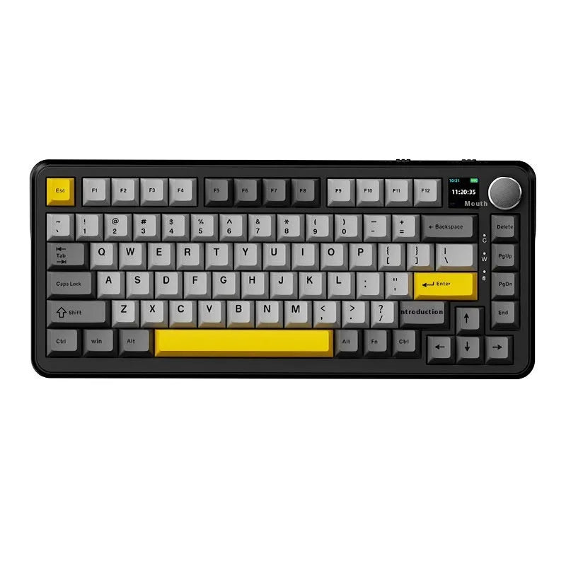 Three-mode mechanical keyboard with hot plug switches in black, grey and yellow colour options