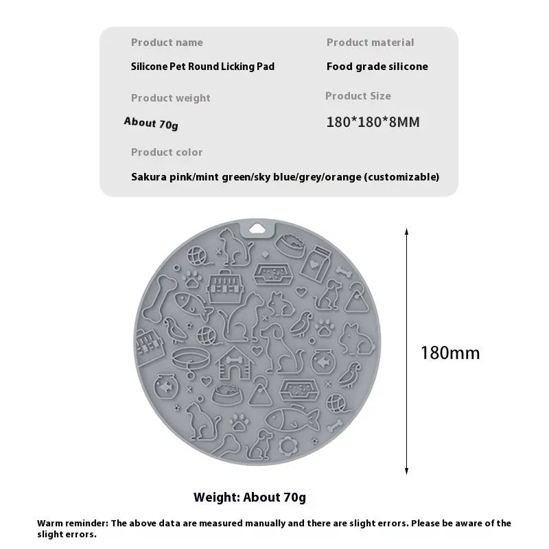 Round grey silicone pet licking mat with textured surface and suction cup base, measuring 21cm diameter
