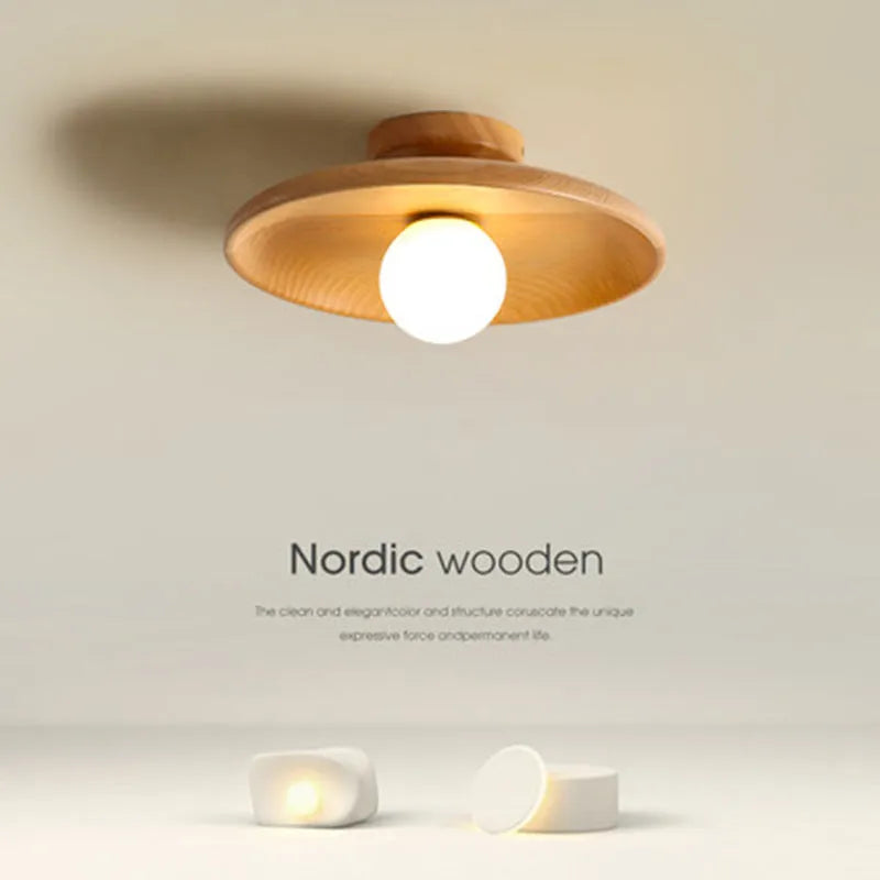 Aisle Ceiling Lamp in solid wood with glass shade, available in wood or walnut colour, diameters 18cm, 28cm, 35cm.