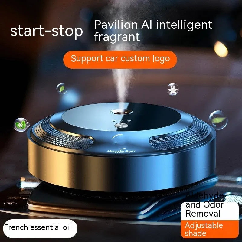Compact automatic car air freshener machine with zinc alloy shell on a car dashboard.