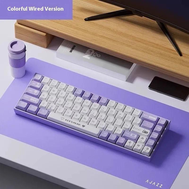 AJAZZ AK680 mechanical keyboard with red and white keycaps, hot-swappable switches, and 1.5m braided USB cable on a desktop