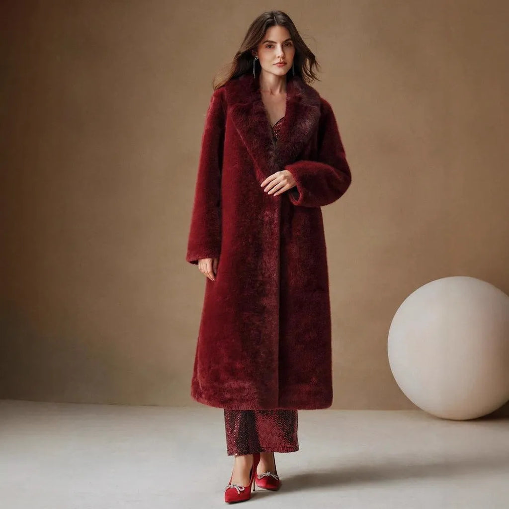 Women's long faux fur coat in wine red colour with regular sleeves