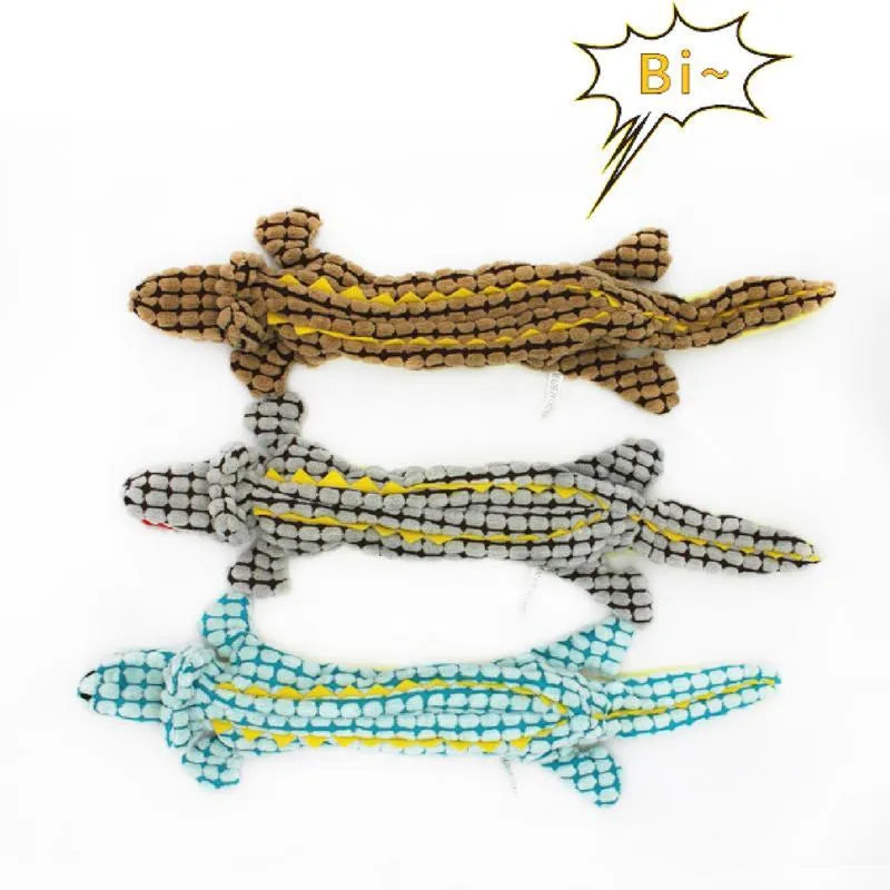 Plush corduroy crocodile-shaped dog toy with squeaker in blue, coffee, or grey colour